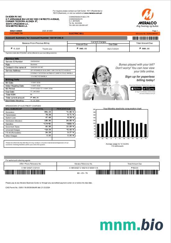 Filipiny Meralco electricity rachunek za usługi komunalne szablon w formacie Word i PDF